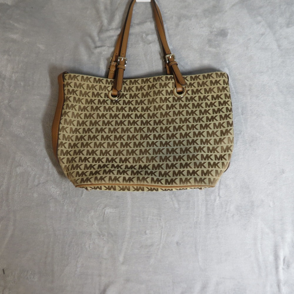Michael Kors MK Signature Monogram Large Tote Bag Beige Tan Leather Trim